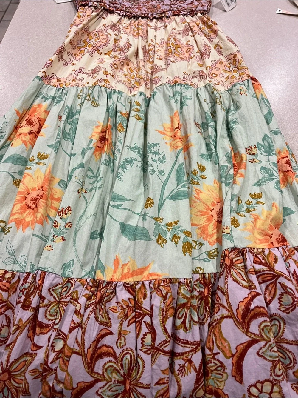 Free People Floral Tiered Maxi Dress with Tie Straps - Pink & Mint